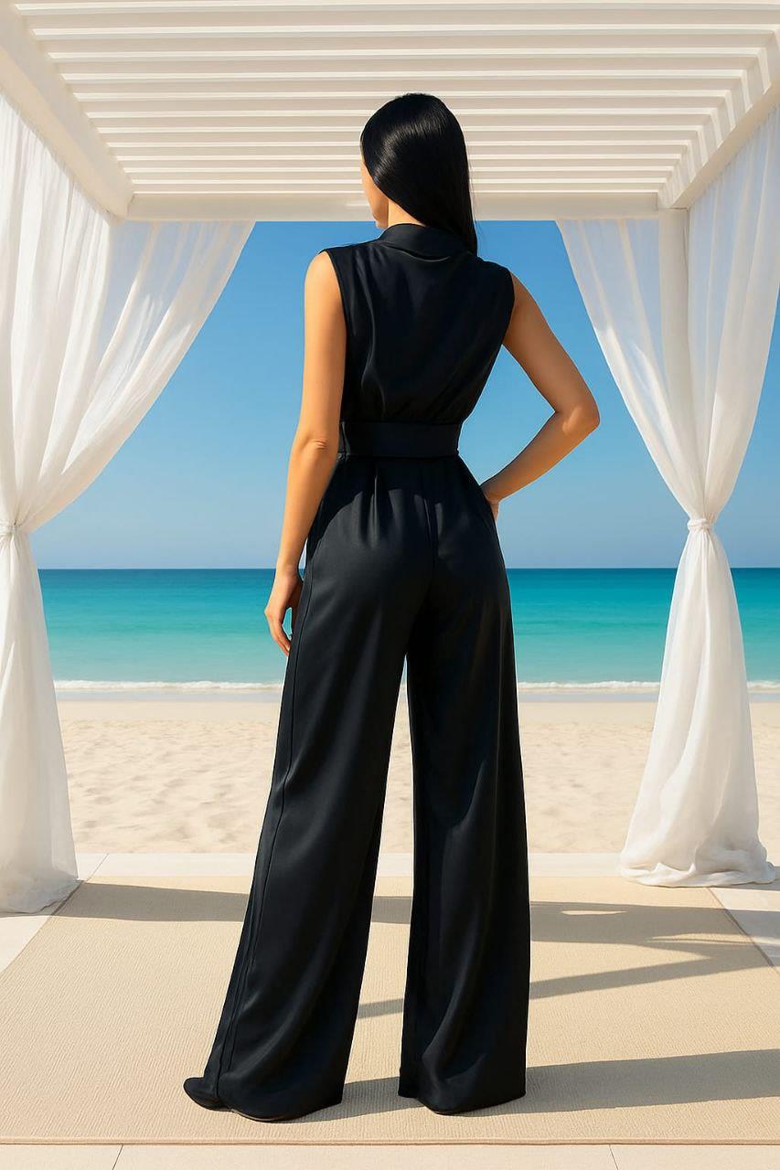 Halter Yaka Bol Paça Saten Tulum Siyah 582488