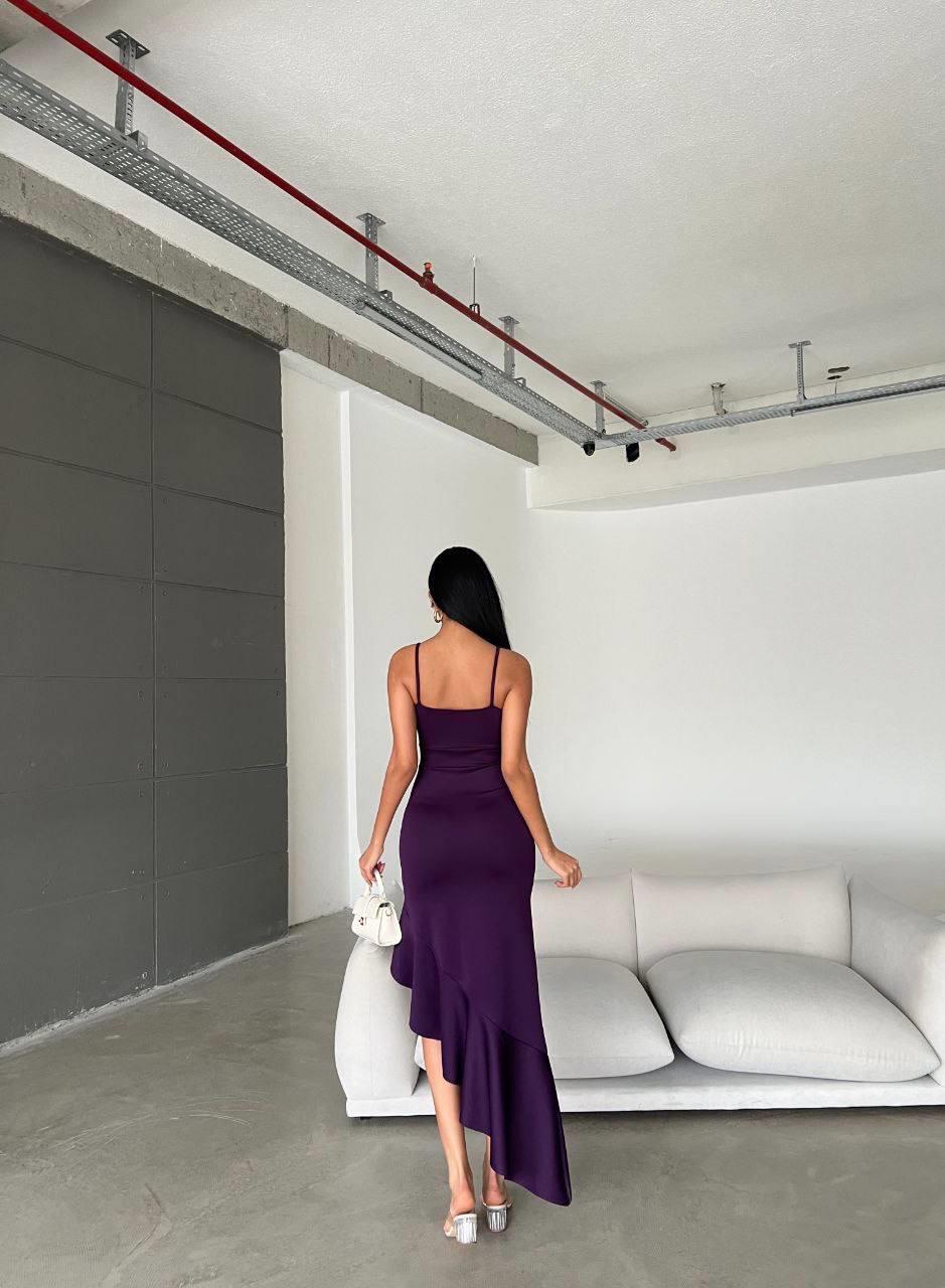 Ince Askılı Etek Ucu Asimetrik Volanlı Scuba Kumaş Abiye Elbise 581708 Mor
