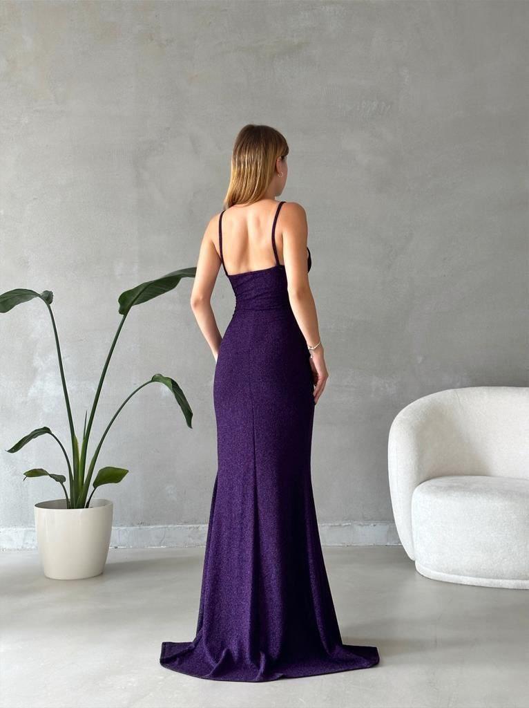 İnce Askılı Kruvaze Yaka Flowers Kumaş Abiye Elbise 582081 Mor