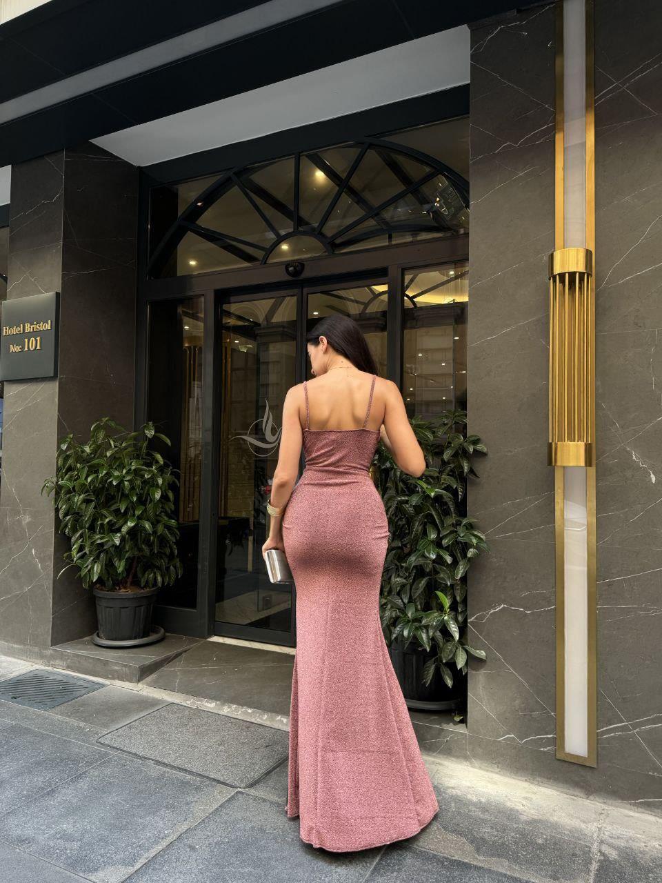 İnce Askılı Kruvaze Yaka Flowers Kumaş Abiye Elbise 582081 PUDRA