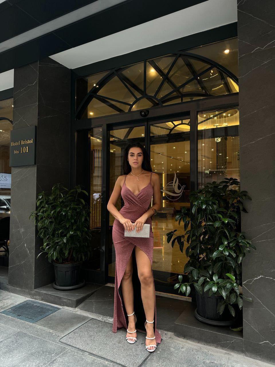 İnce Askılı Kruvaze Yaka Flowers Kumaş Abiye Elbise 582081 GÜLKURUSU