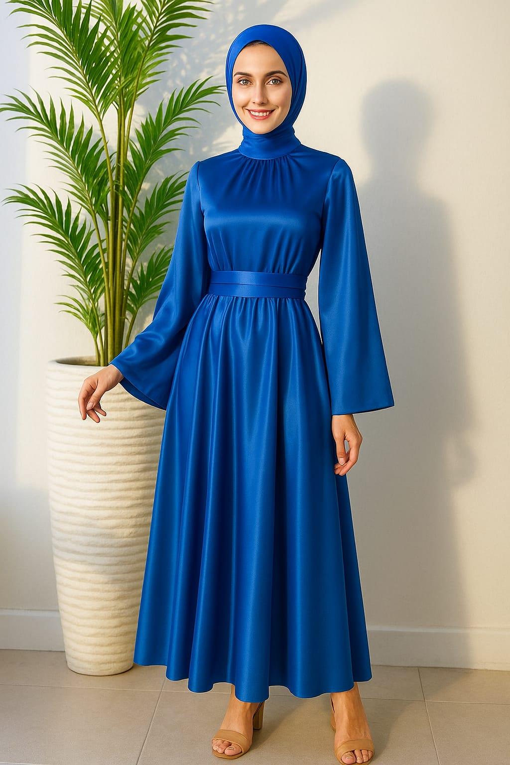 İspanyol Kol Beli Dolamalı Saten Abiye Elbise Saks 583163