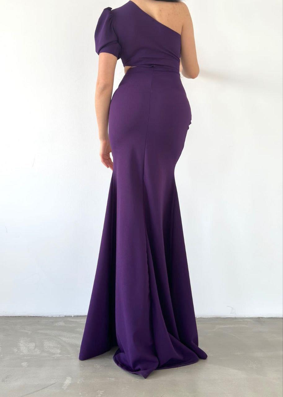  İthal Krep Kumas Bel Dekolteli Tek Kol Yırtmaçlı Elbise 582872 MOR