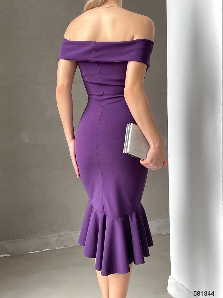 Ithal Krep Kumaş Madonna Yaka Volanlı Mor Elbise 581344