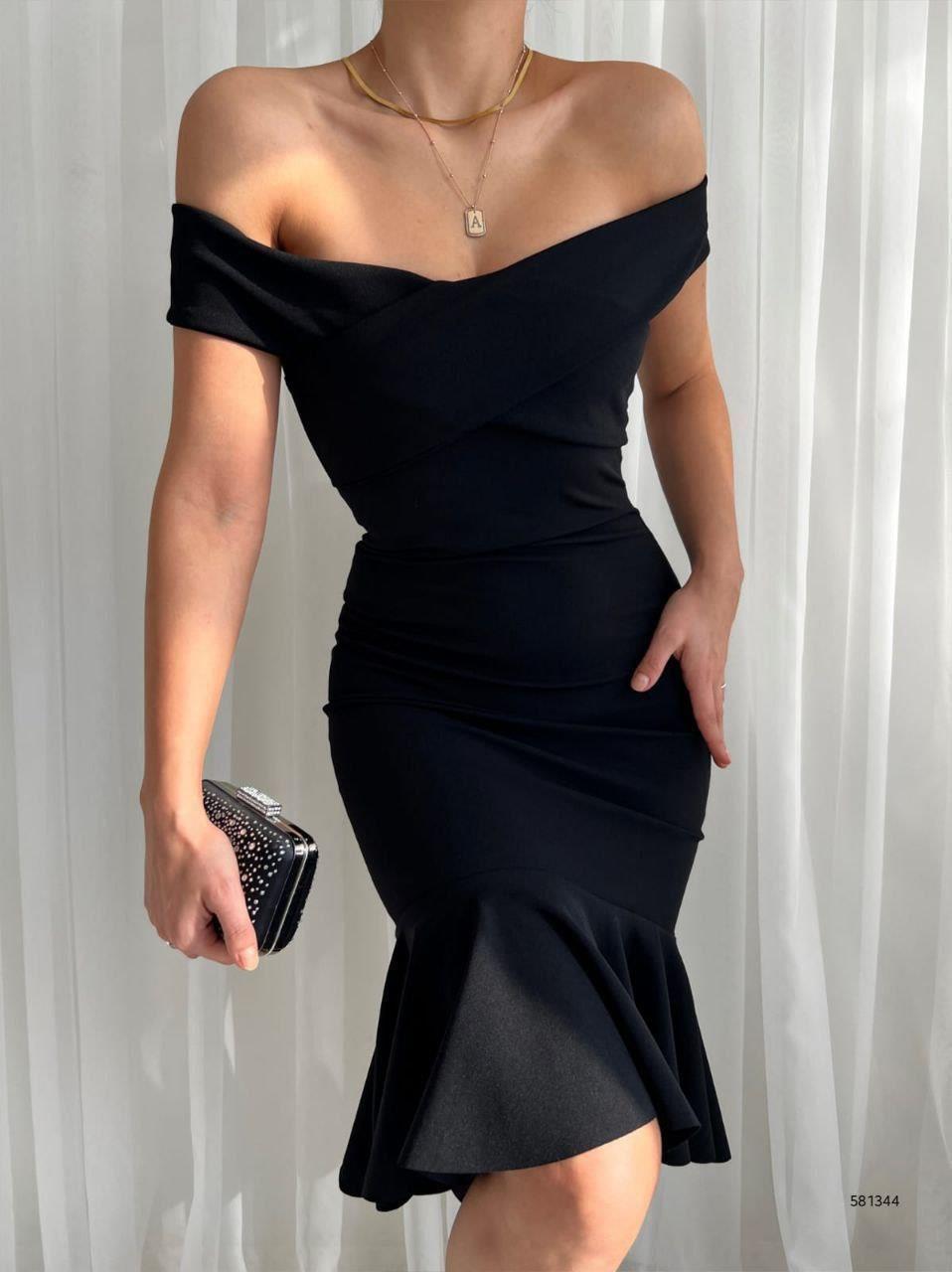 Ithal Krep Kumaş Madonna Yaka Volanlı Siyah Elbise 581344