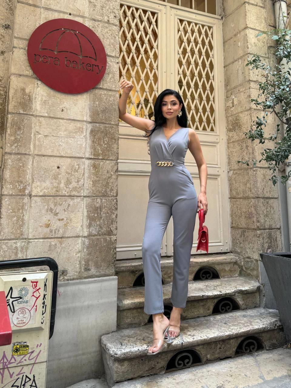 İthal Krep Kumaş Zincir Detaylı Tulum 582407 Gri