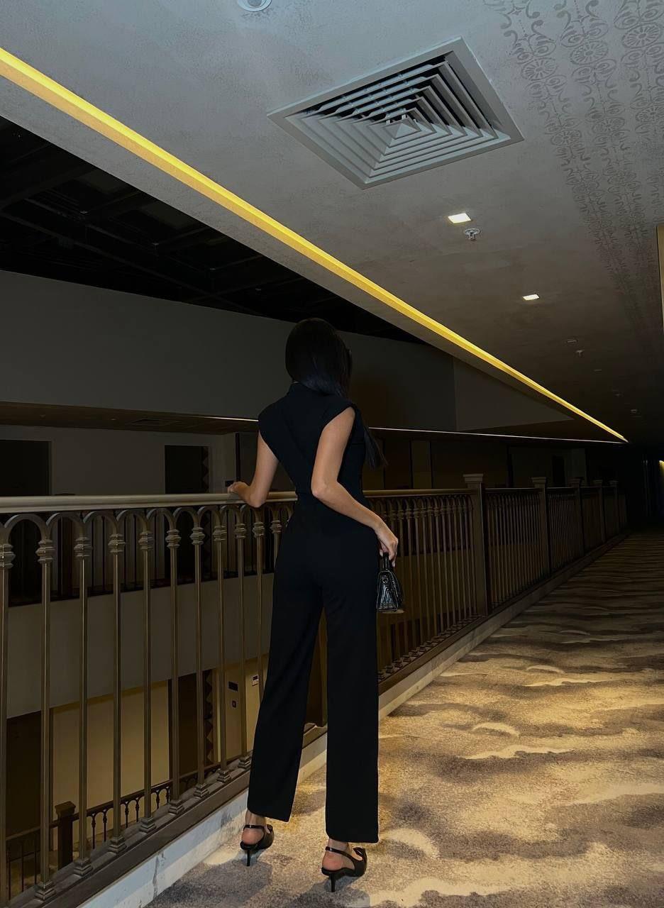 Kadın Düğme Detay Gömlek Yaka Krep Kumaş Tulum 582080 SİYAH
