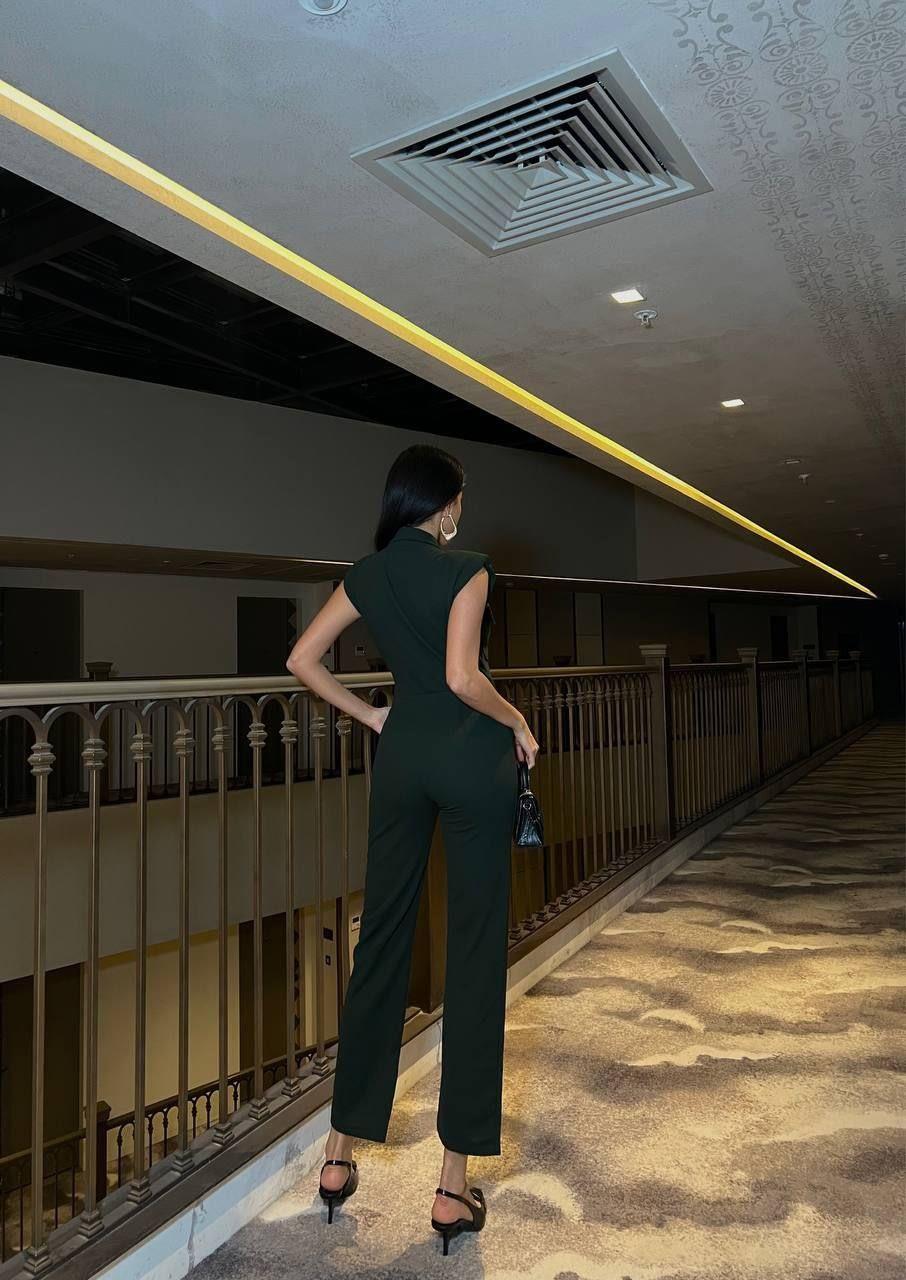 Kadın Düğme Detay Gömlek Yaka Krep Kumaş Tulum 582080 HAKI