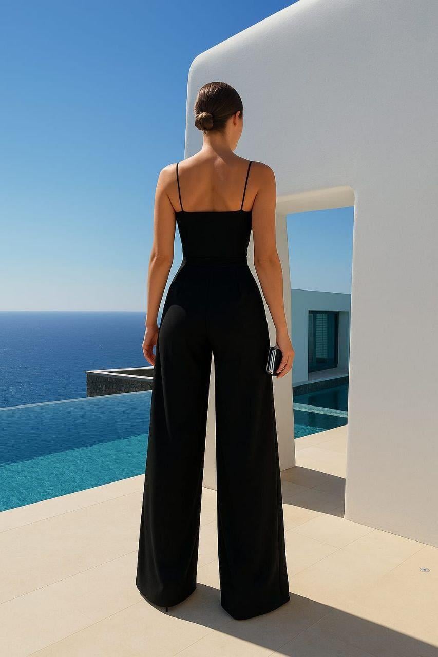 Kadın Siyah Ithal Krep Kumaş Askılı Geniş Paça Tulum Elbise Siyah 582101