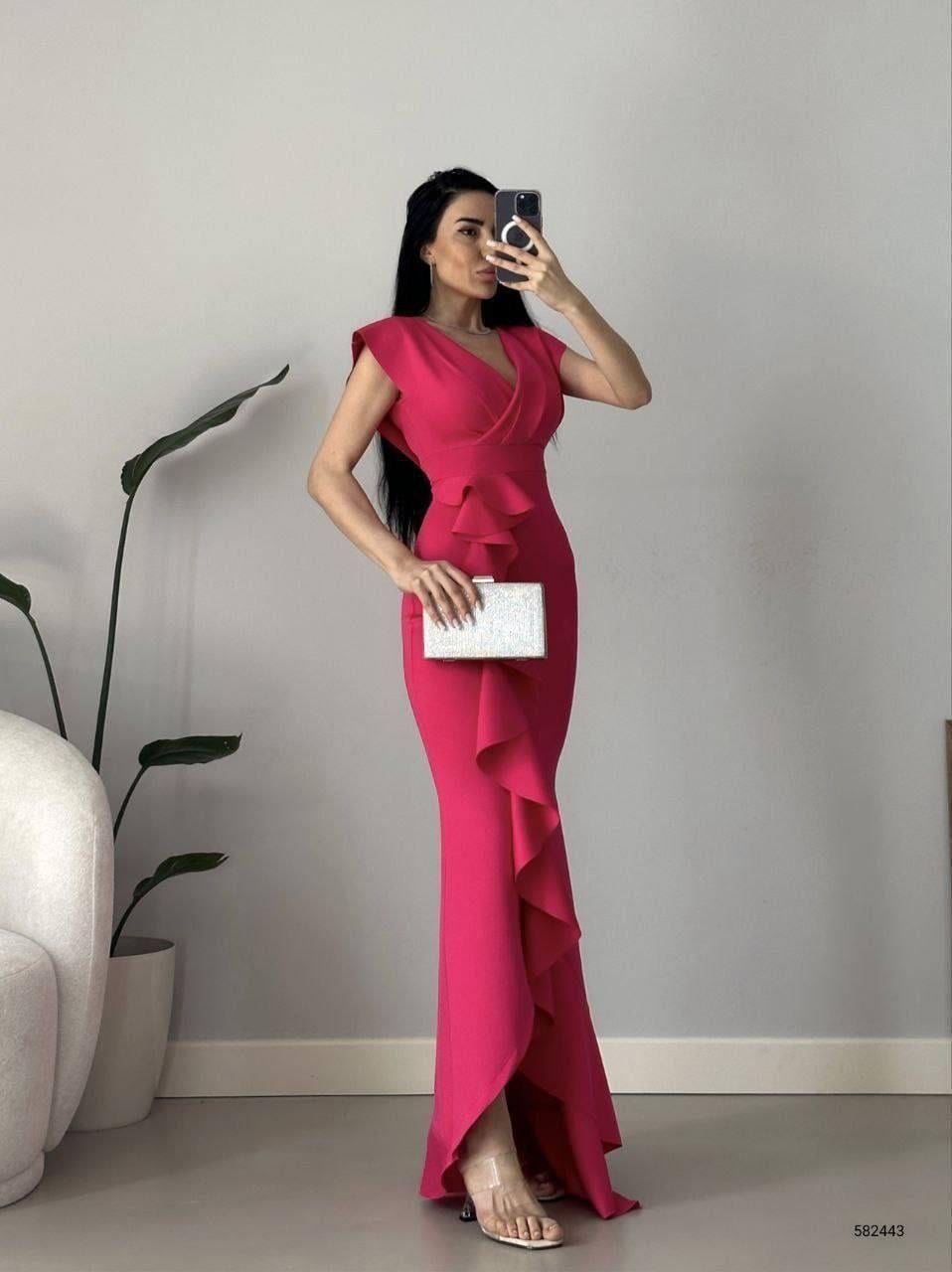 Kadın Siyah Krep Kumaş Kruvaze Yaka Eteği Volanlı Abiye Mezuniyet Nikah Elbise
