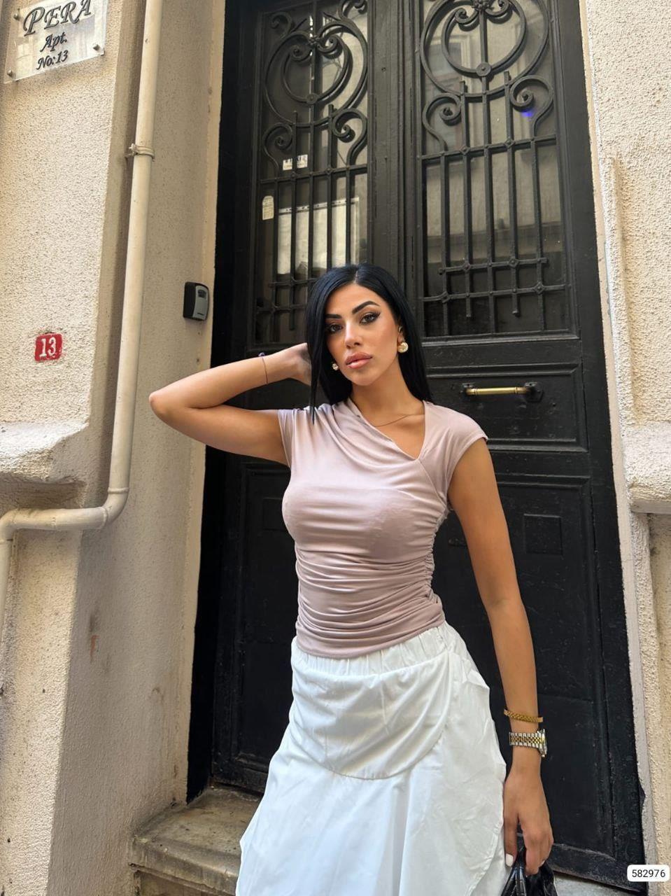 Omuz Dekolteli Büzgülü Sandy Bluz 582976 VİZON
