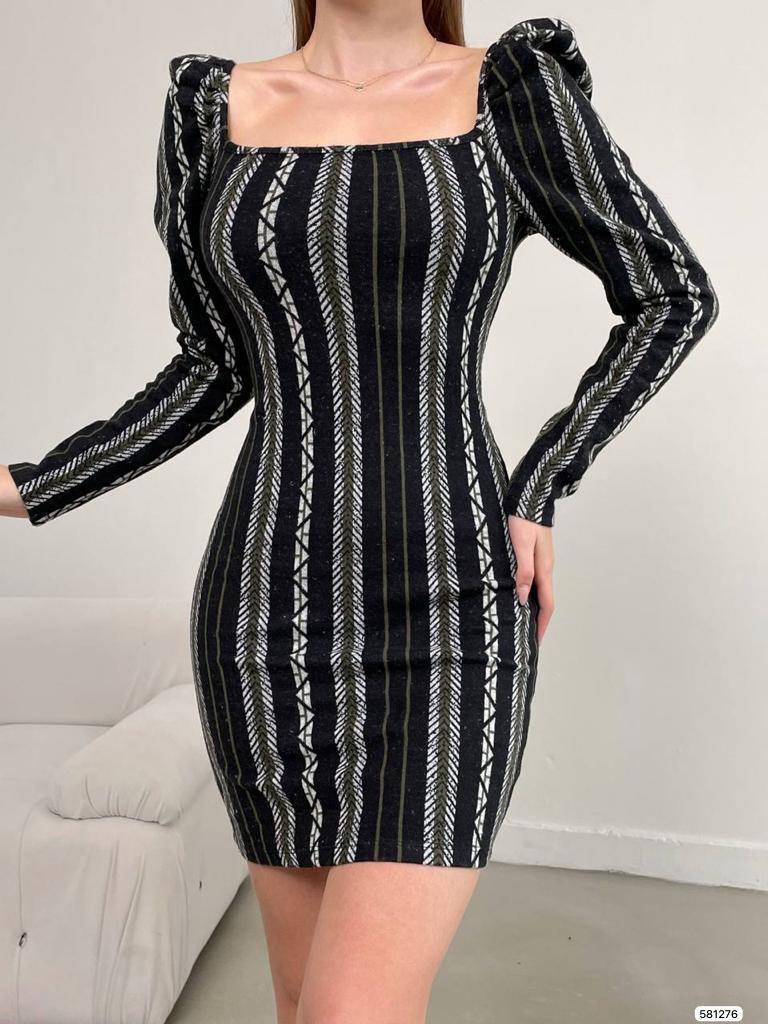 Kare Yaka Boyuna Çizgi Kaşe Elbise 581276 HAKI