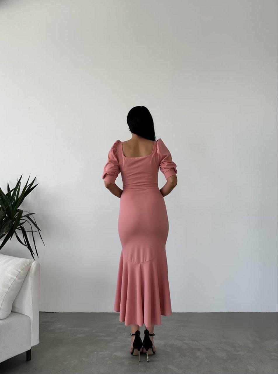 Kare Yaka Eteği Fırfır Detay Midi Boy Abiye 582788 Pudra