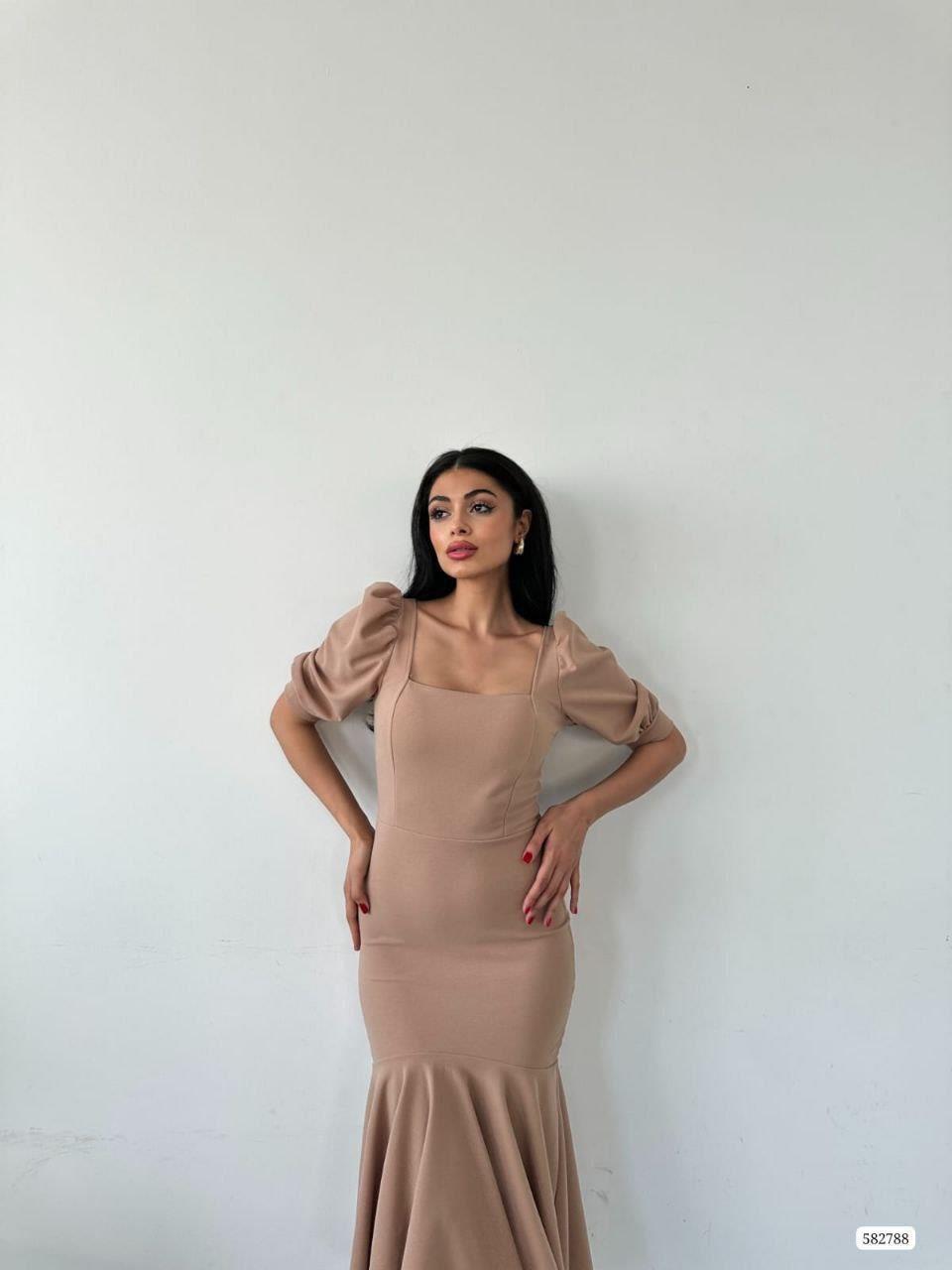 Kare Yaka Eteği Fırfır Detay Midi Boy Abiye 582788 Vizon