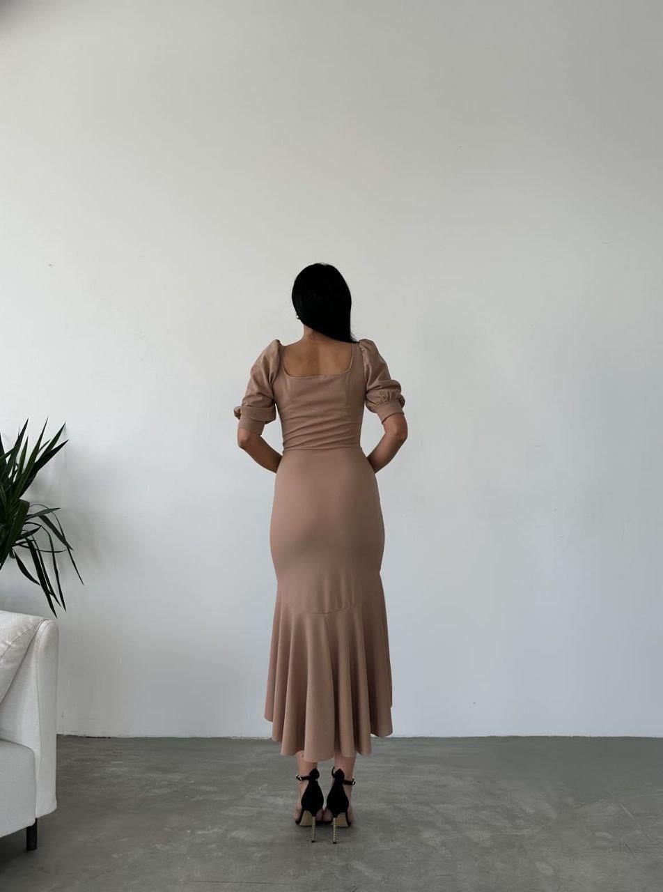 Kare Yaka Eteği Fırfır Detay Midi Boy Abiye 582788 Vizon