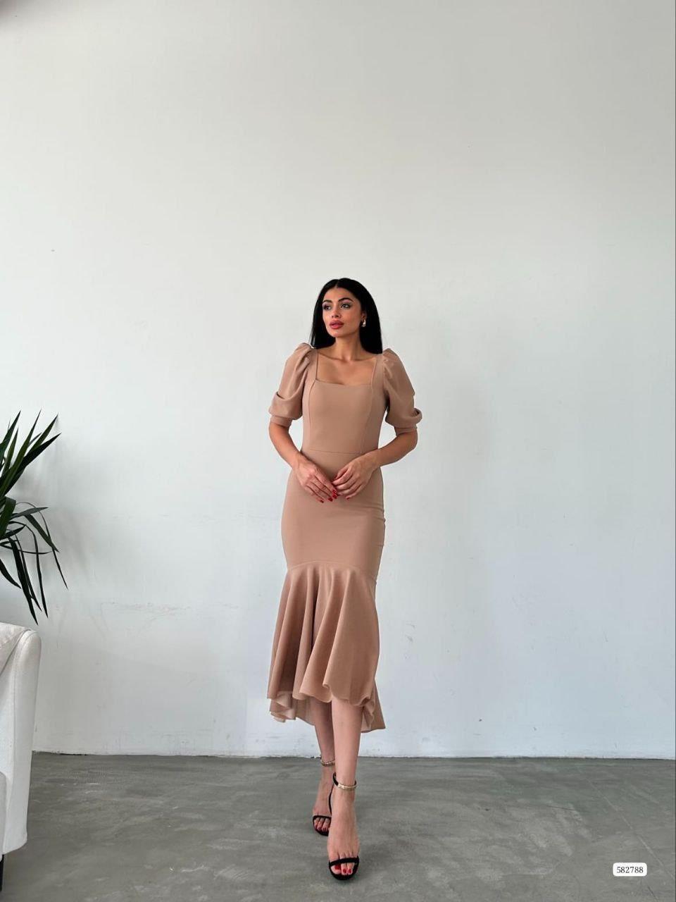 Kare Yaka Eteği Fırfır Detay Midi Boy Abiye 582788 Vizon