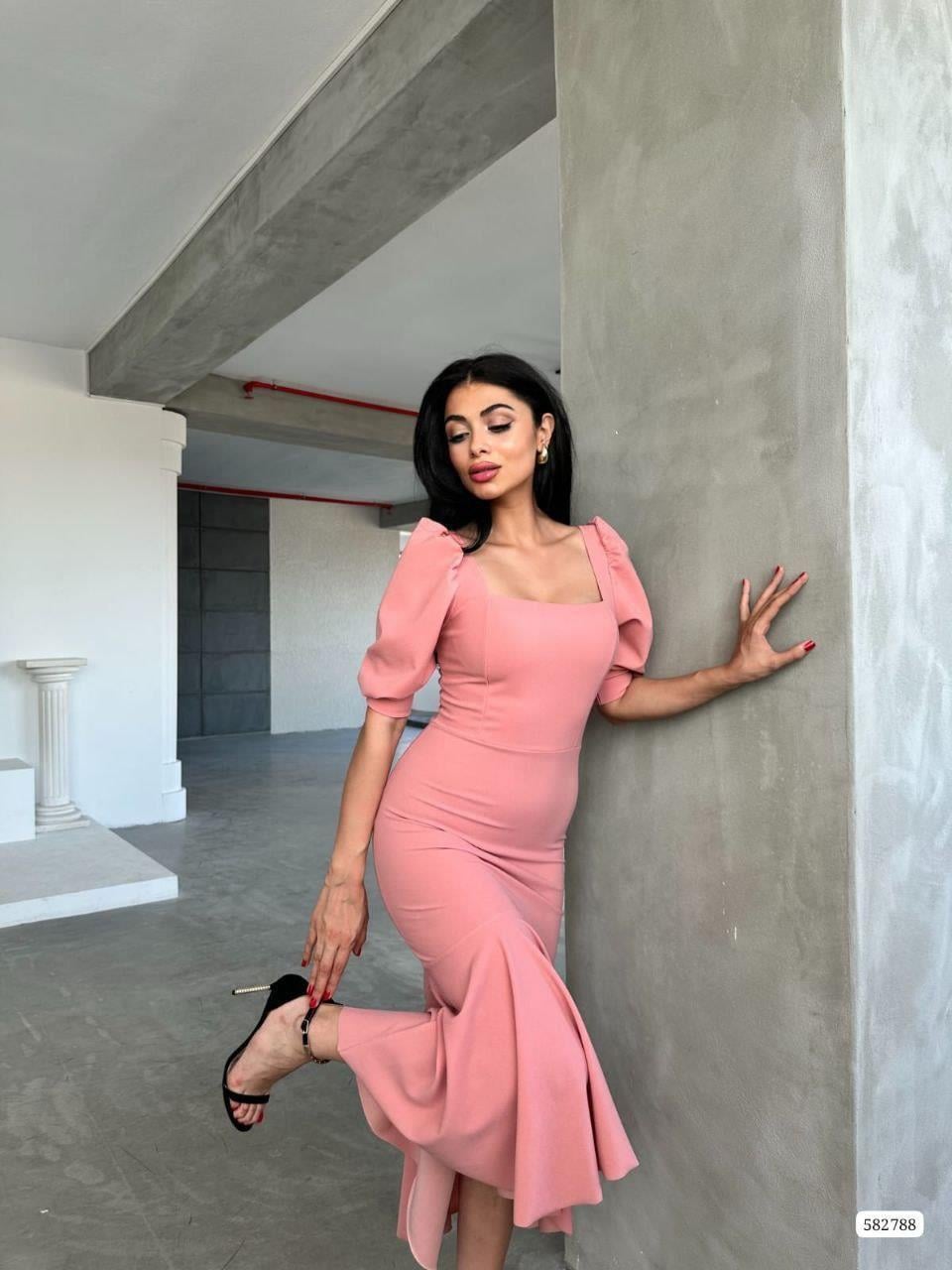 Kare Yaka Eteği Fırfır Detay Midi Boy Abiye 582788 Pudra