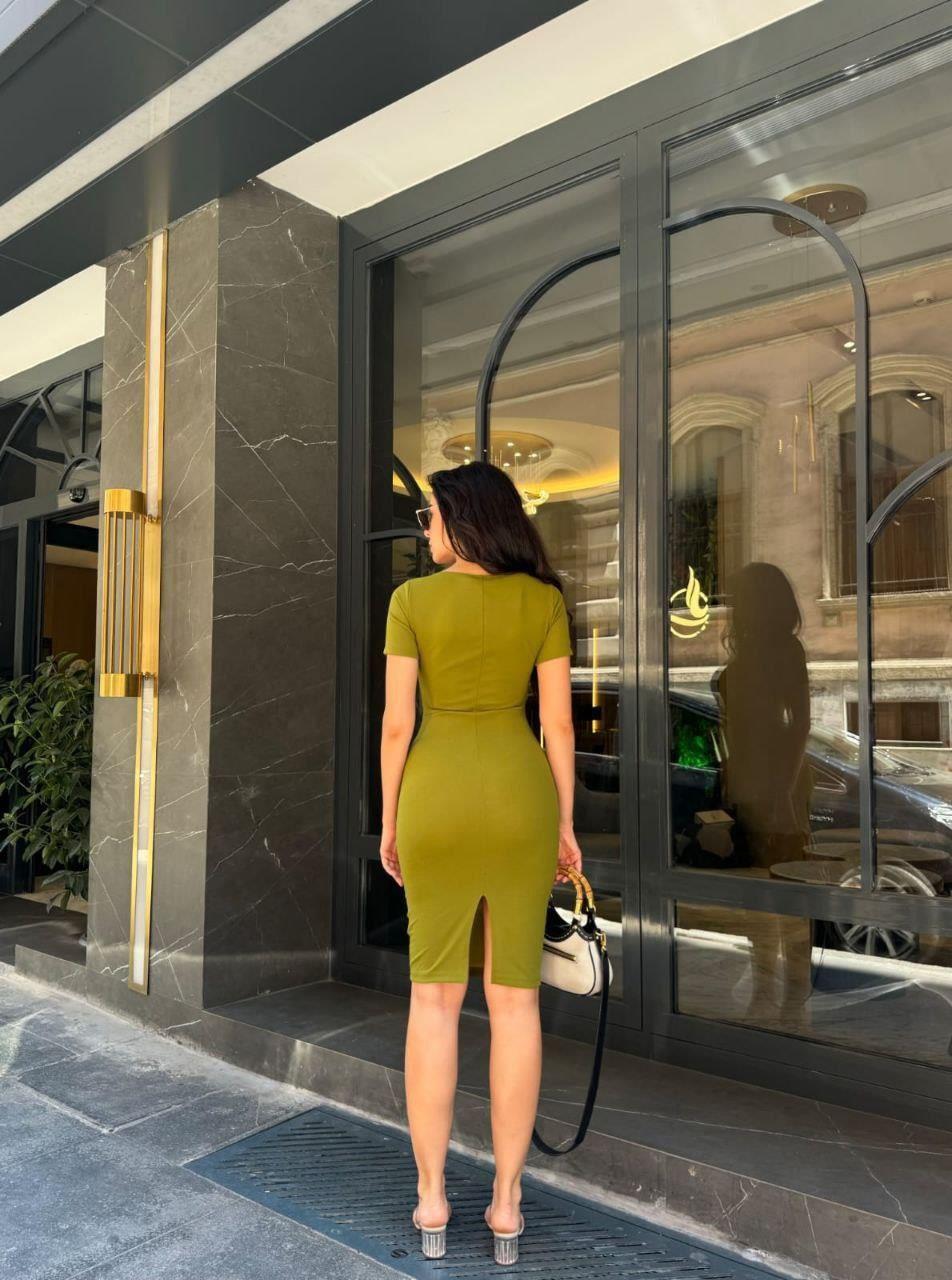 Kare Yaka Mini Basıc Elbise 582996 Fistik Yeşil
