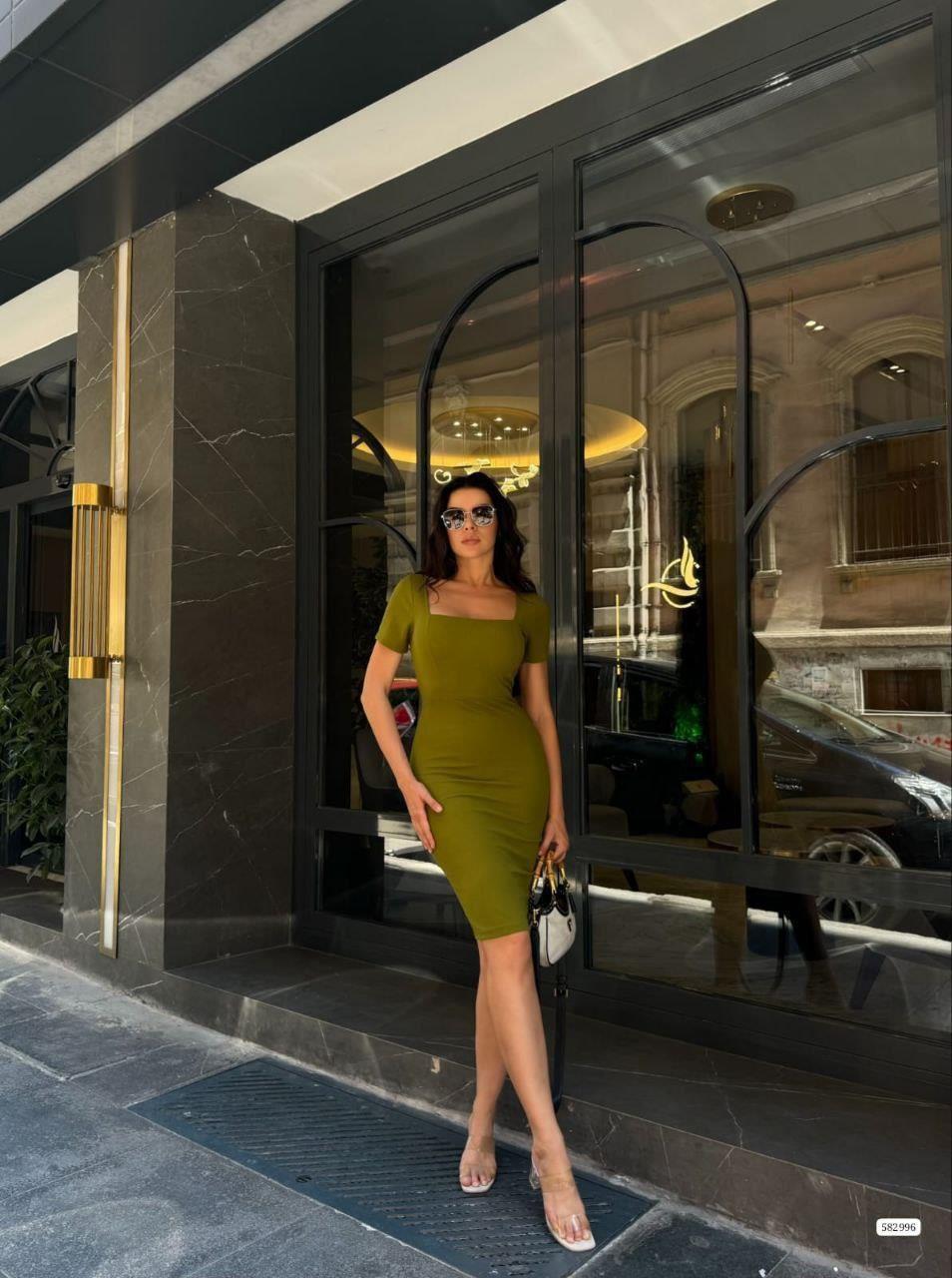 Kare Yaka Mini Basıc Elbise 582996 Fistik Yeşil