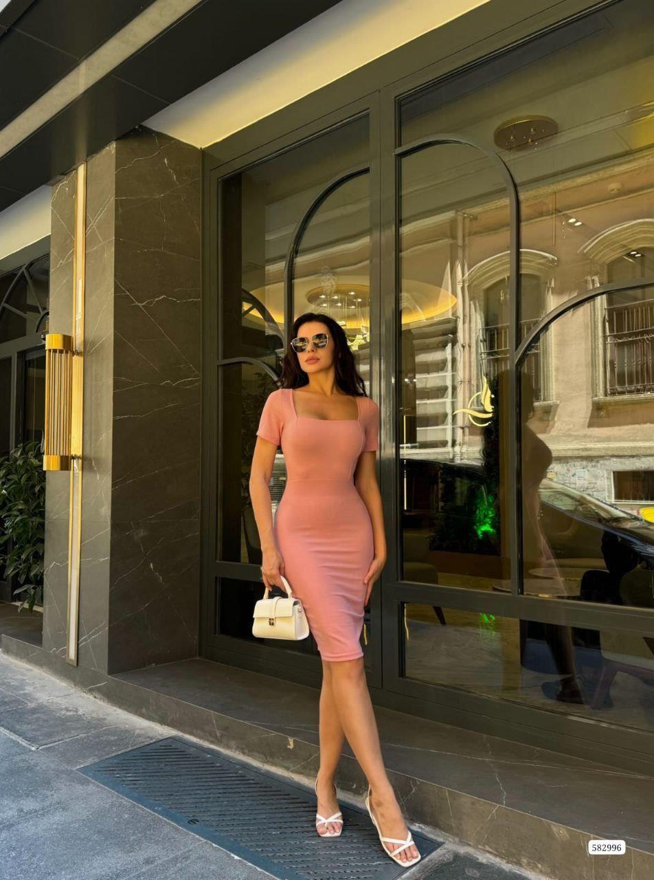 Kare Yaka Mini Basıc Elbise 582996 Gülkurusu