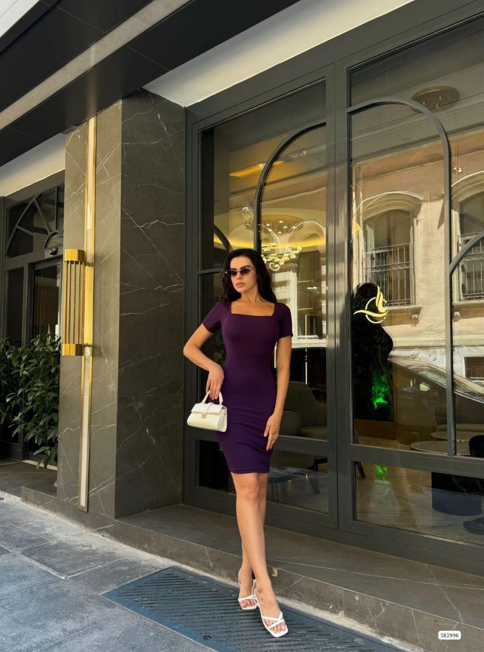 Kare Yaka Mini Basıc Elbise 582996 Mor