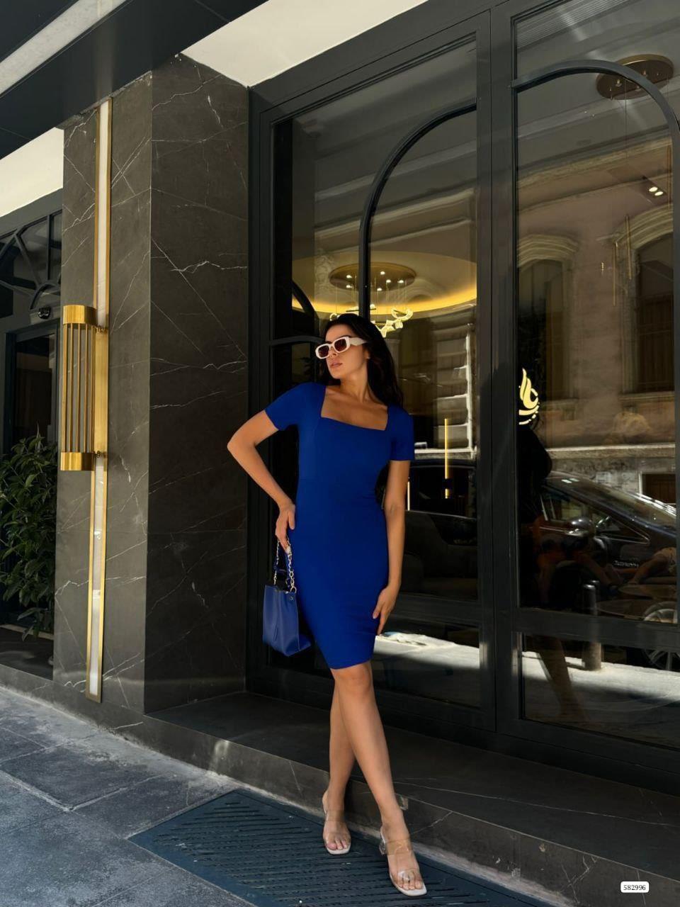 Kare Yaka Mini Basıc Elbise 582996 Saks