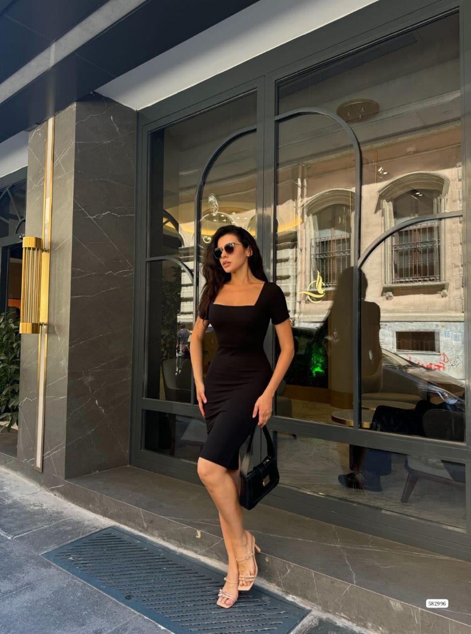 Kare Yaka Mini Basıc Elbise 582996 Siyah