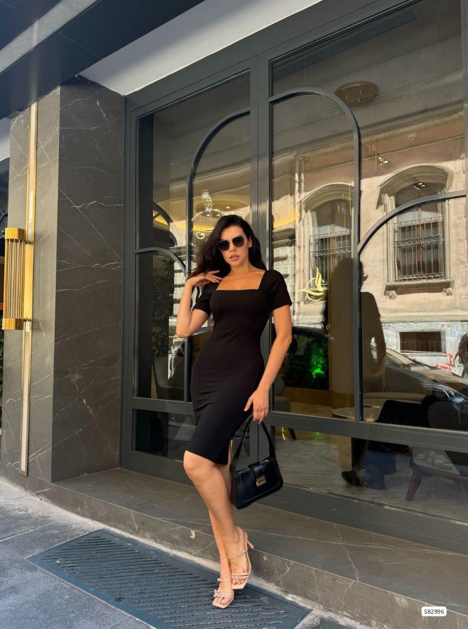 Kare Yaka Mini Basıc Elbise 582996 Siyah