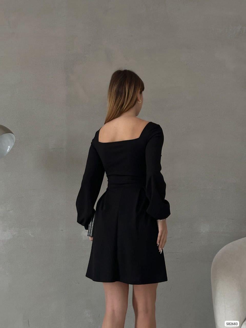 Kare Yaka Uzun Kol İthal Krep Kumaş Basic Elbise 582683 Siyah