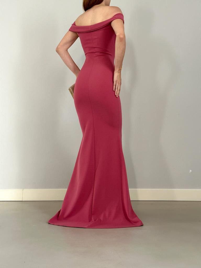 Kayık Yaka Ithal Krep Kumaş Abiye Elbise 582013 Gülkurusu