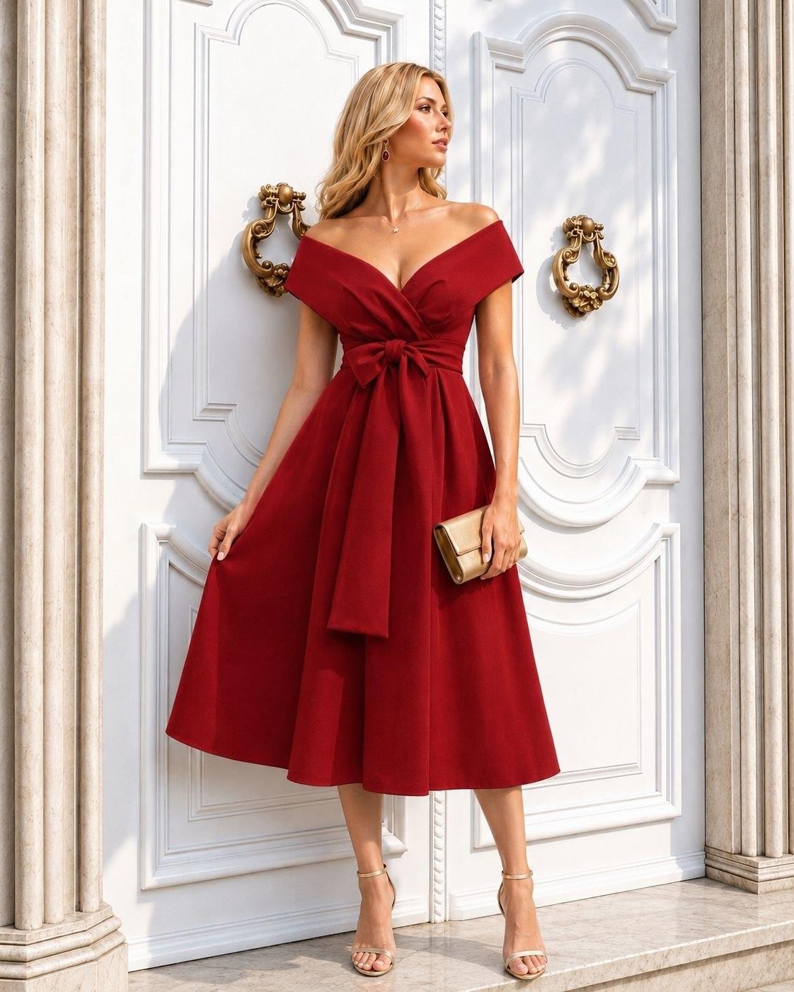 Kendinden Kemerli Pileli Orta Boy BORDO Elbise 581680