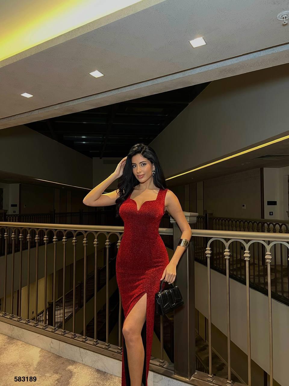 Kırmızı Flowers kumaş Askılı Yırtmaçlı Maxi Boy Abiye Elbise 583189