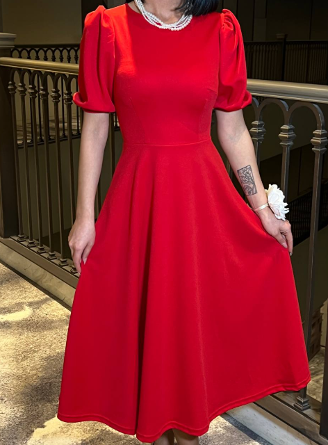Kırmızı Karpuz Kollu Midi Boy Elbise 583151