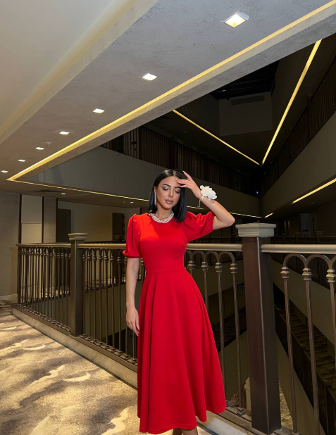 Kırmızı Karpuz Kollu Midi Boy Elbise 583151