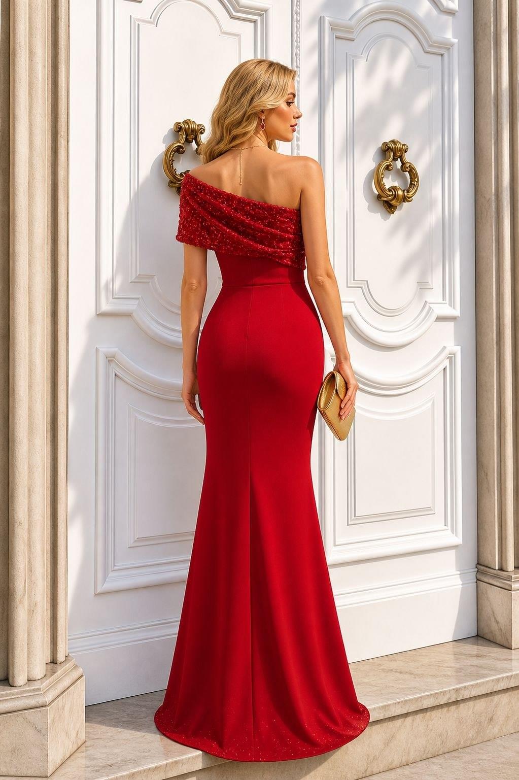Kirmizi Simli Kumaş Tek Kol Taş İşlemeli Balık Model Abiye 583408