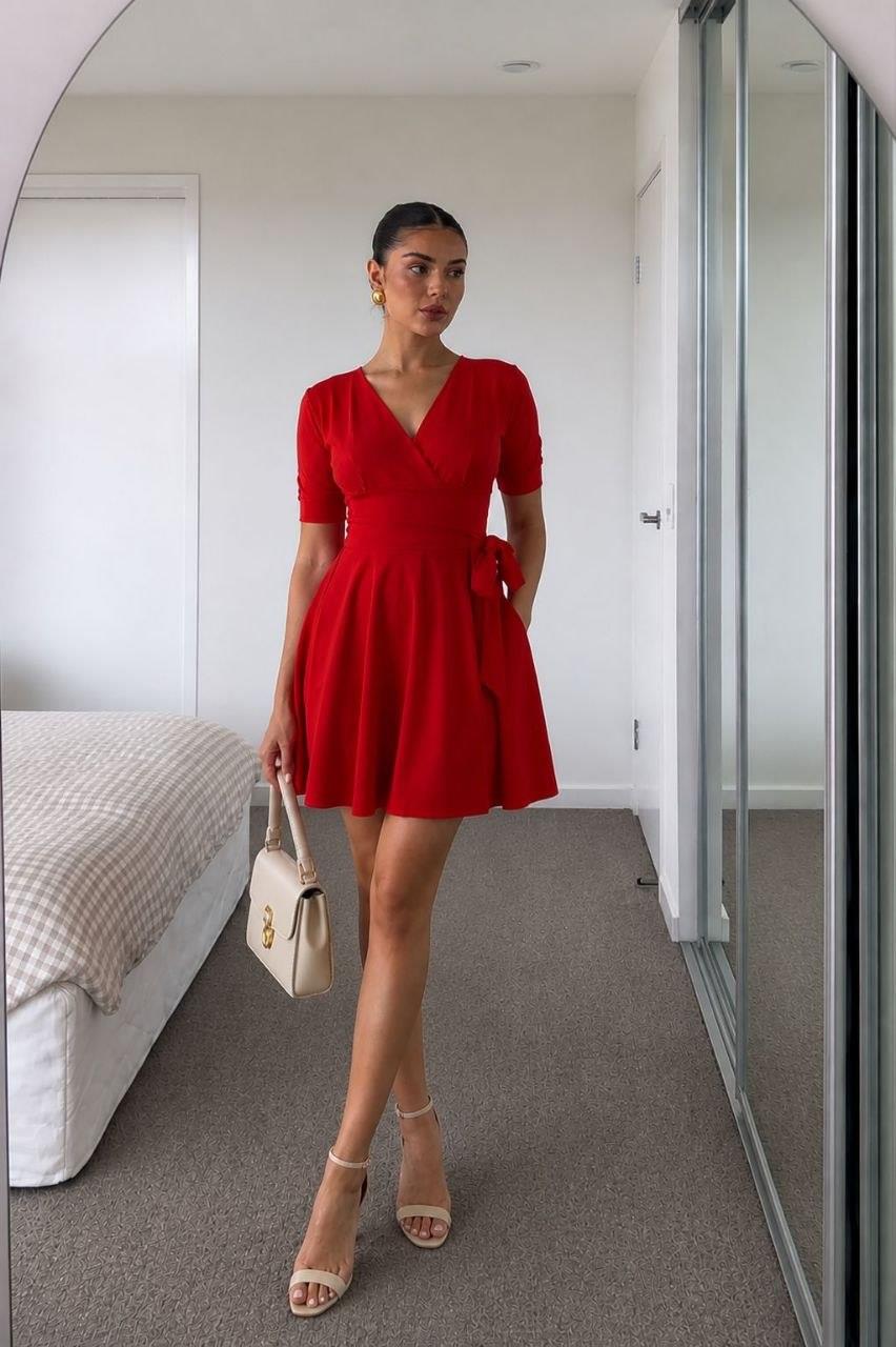 Kırmızı V Yaka Kuşaklı Mini Elbise 582871