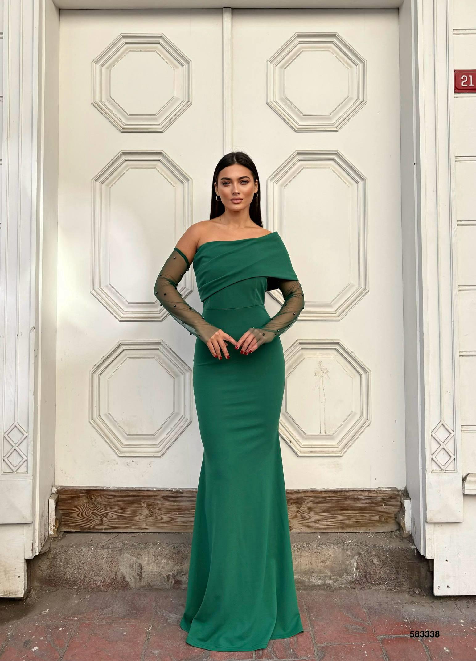 KREP ESNEK KUMAŞ  DETAYLI  ABİYE ELBİSE 583338 ZÜMRÜT