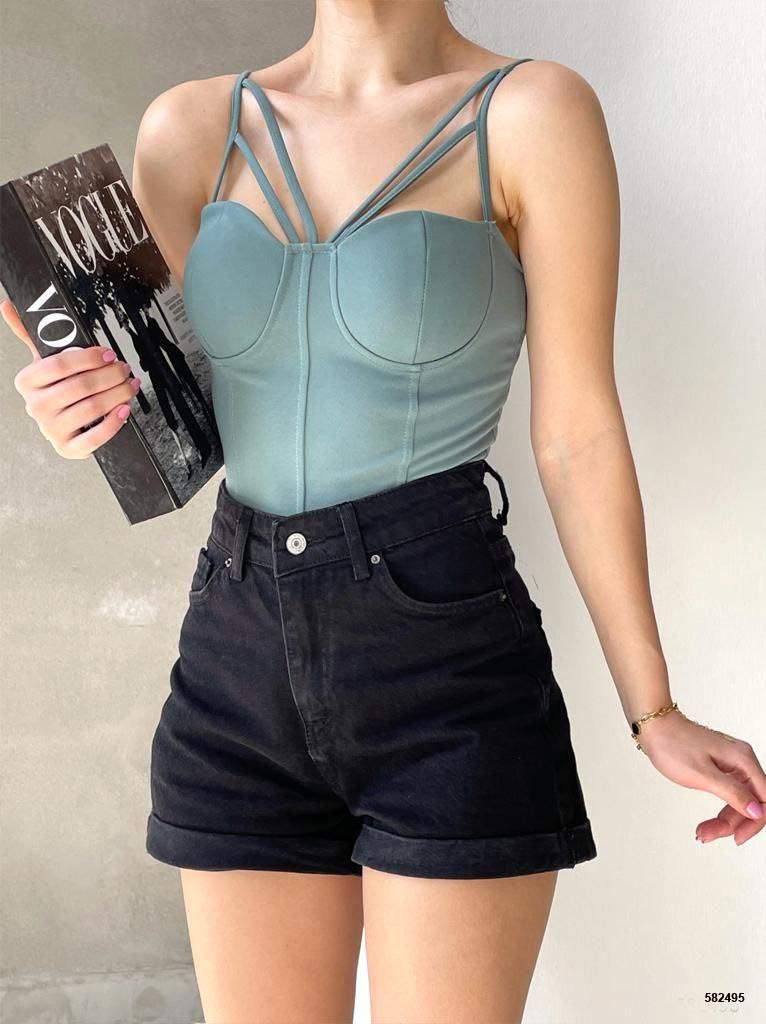 Krep Kumaş İnce Askılı CROP 582495  KOYU MİNT