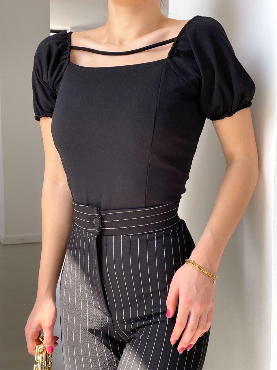 Krep Kumaş İnce Askılı CROP 582501 SİYAH