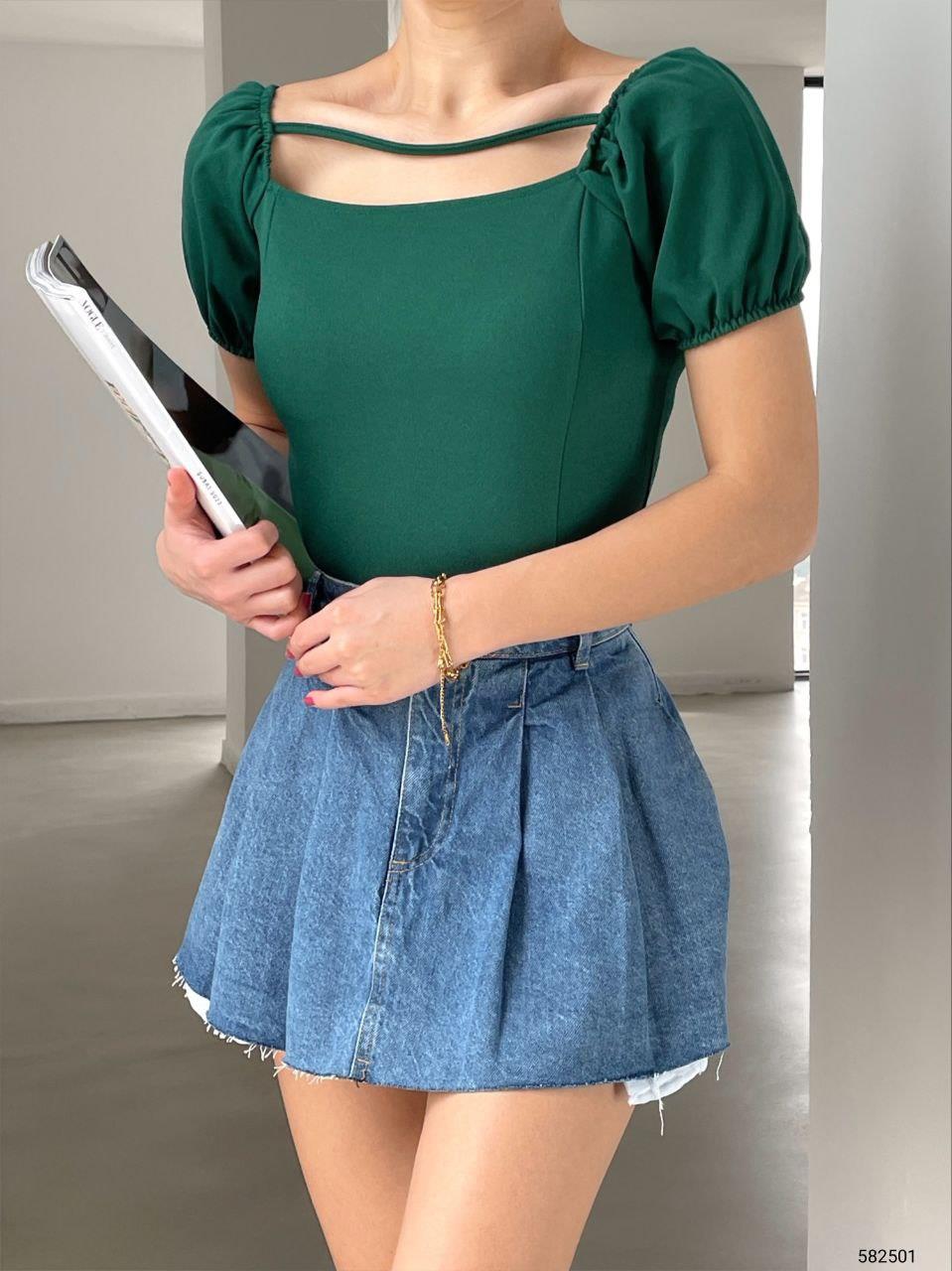 Krep Kumaş İnce Askılı CROP 582501 ZÜMRÜT