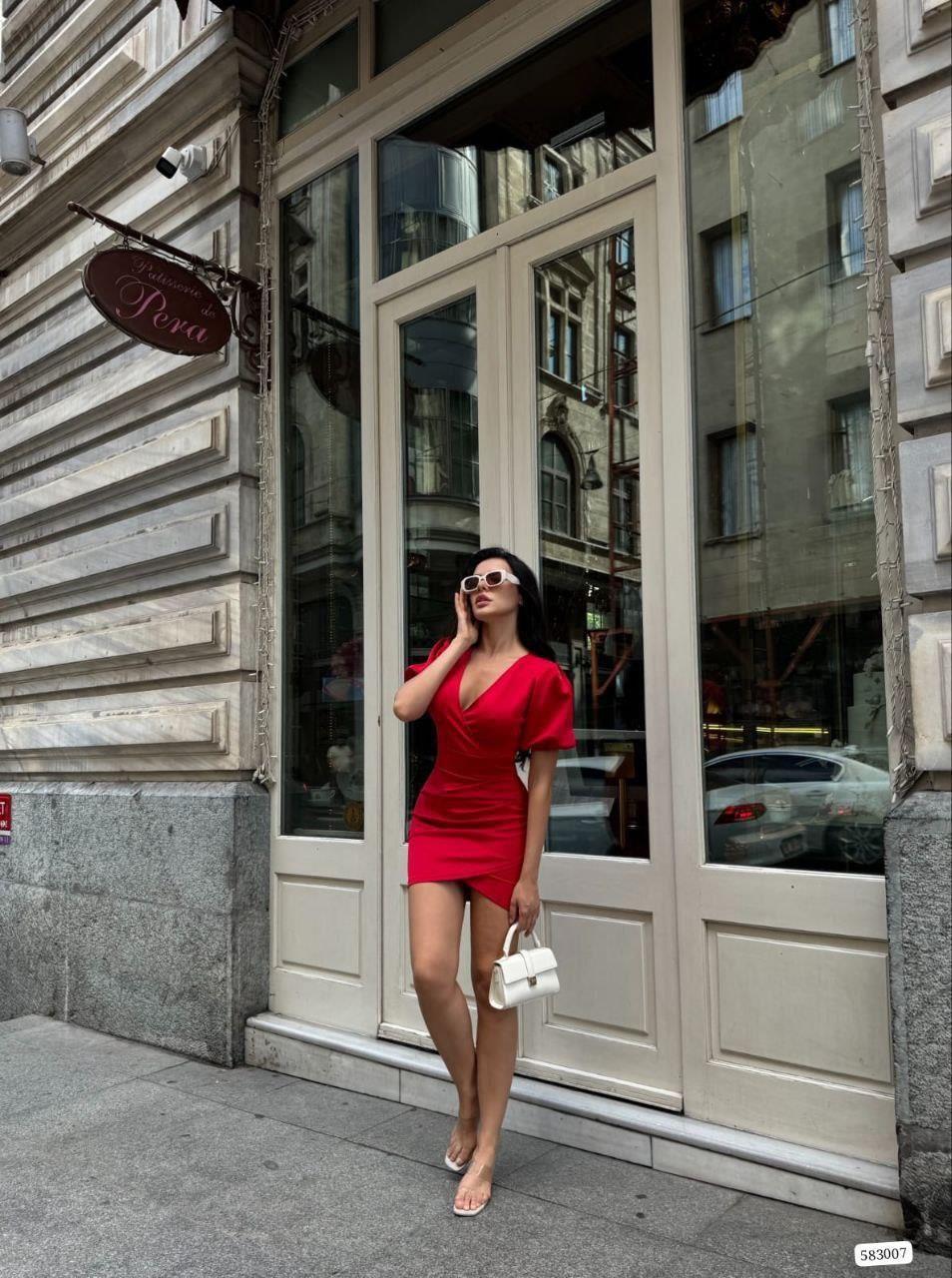 Kruvaze Yaka Balon Kol Büzgülü Elbise 583007 Kirmizi