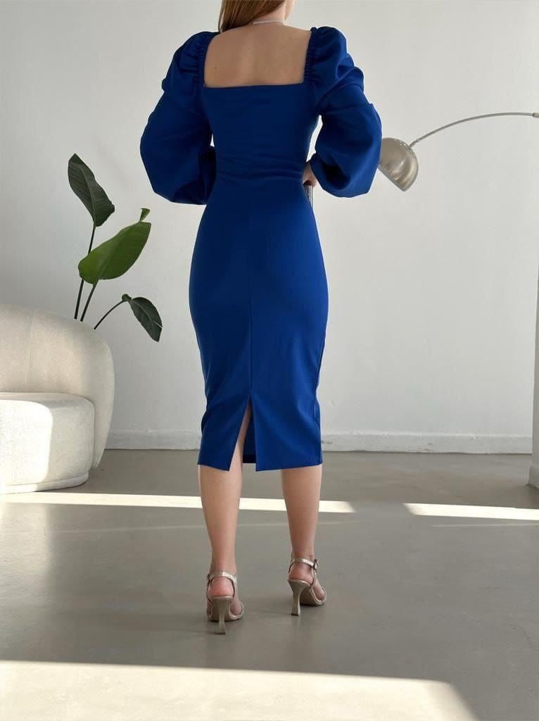 kruvaze yaka Balon Kol Ithal Krep Kumaş Midi Boy elbise