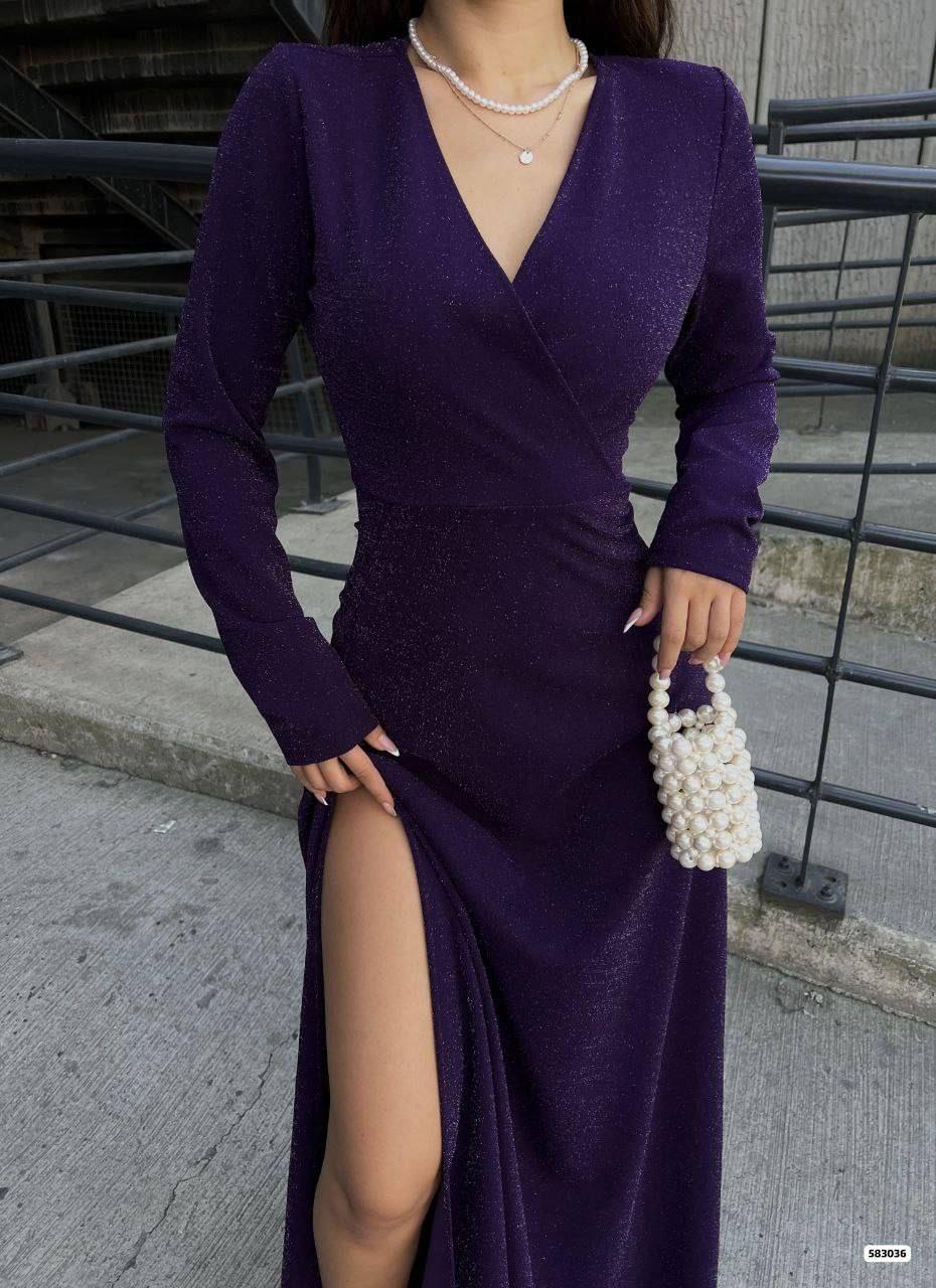 Kruvaze Yaka Uzun Kollu Yırtmaçlı Maxi Boy Abiye Elbise 583036 MOR