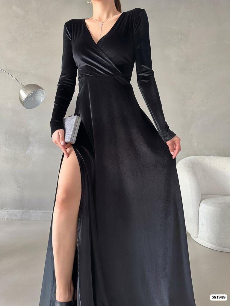 Kruvaze Yaka Uzun Kollu Yırtmaçlı Maxi Boy Abiye Elbise