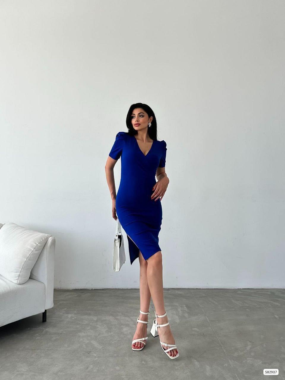 Kruvaze Yaka Yandan Yırtmaçlı Elbise 582907 Saks