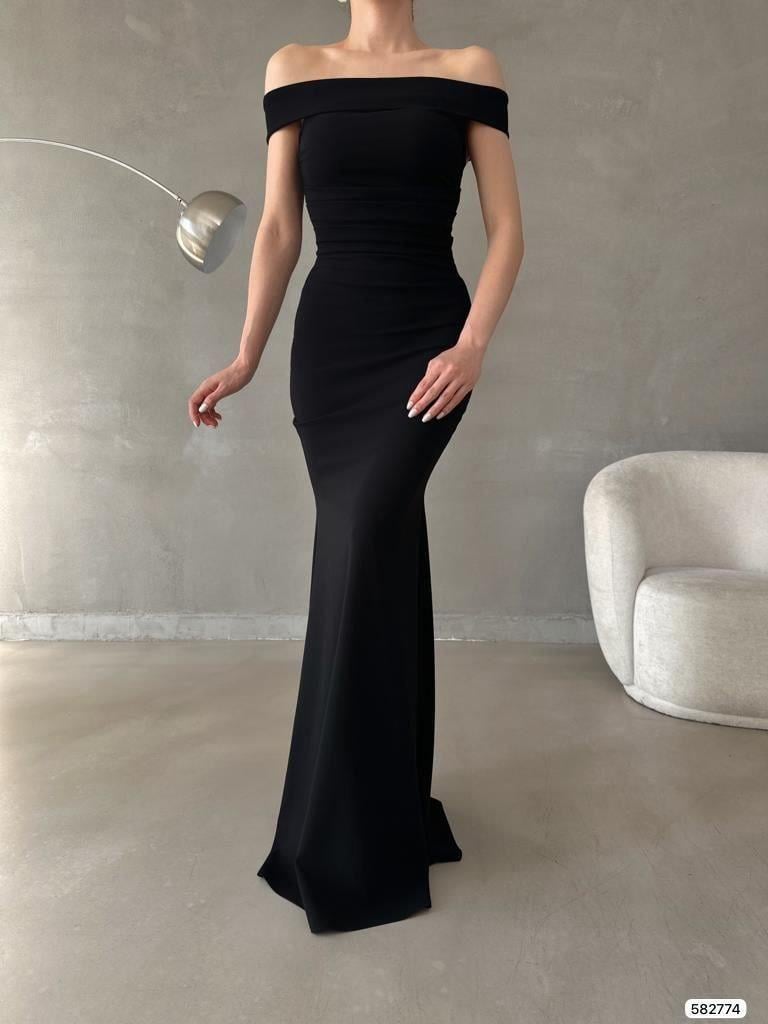 Madonna Yaka Balık Model Krep Kumaş Uzun Elbise 582774 Siyah