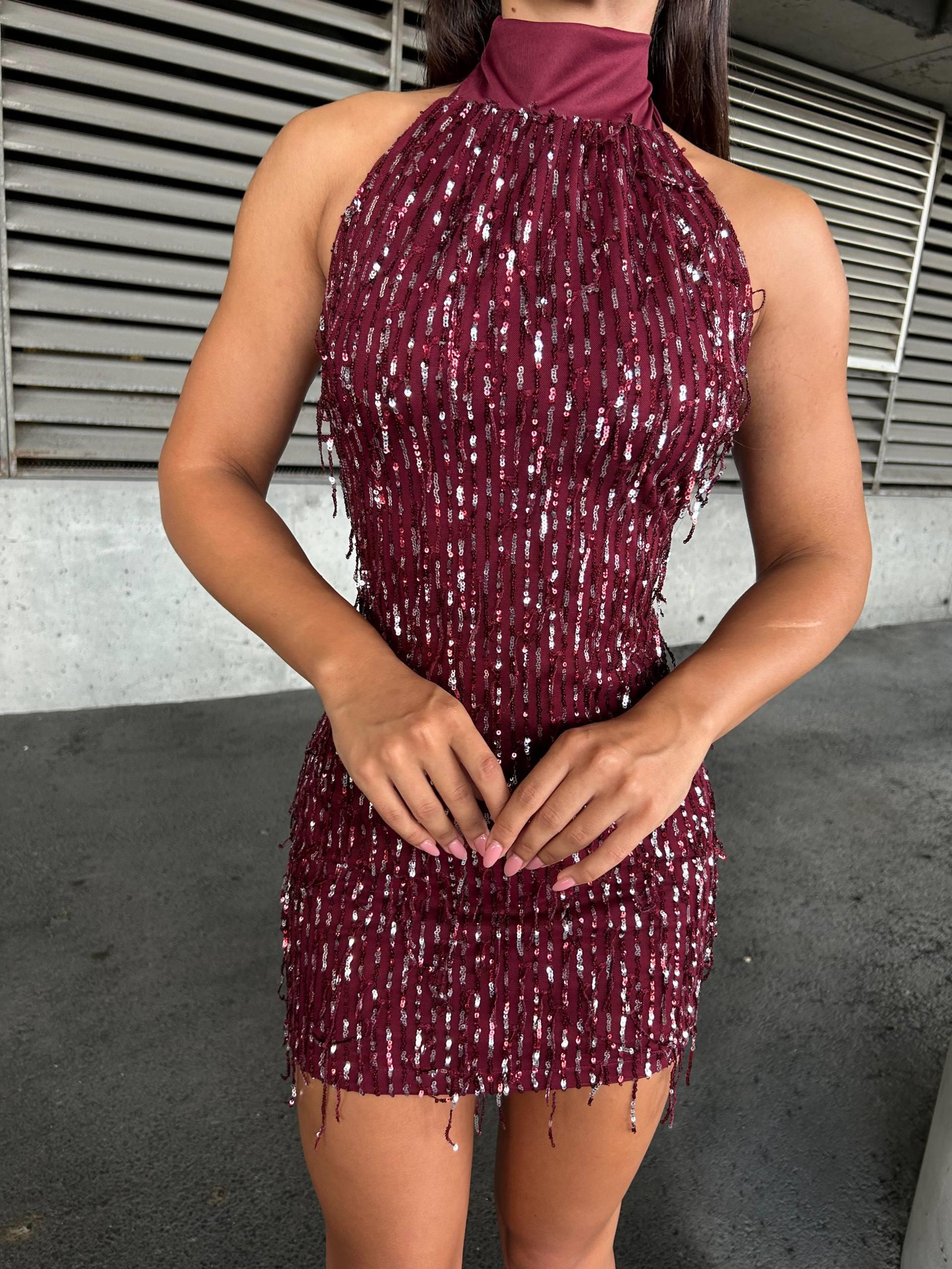 Işıltılı Payetli Halter Yaka Sırt Dekolteli Mini Gece Elbisesi  583229 Bordo