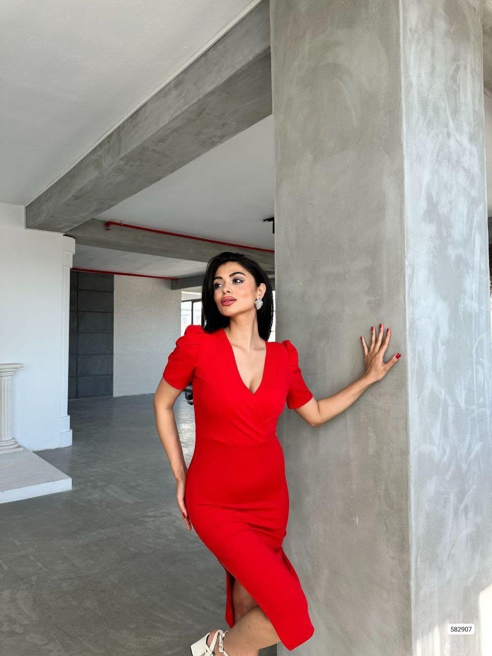 Kruvaze Yaka Yandan Yırtmaçlı Elbise 582907 Kırmızı