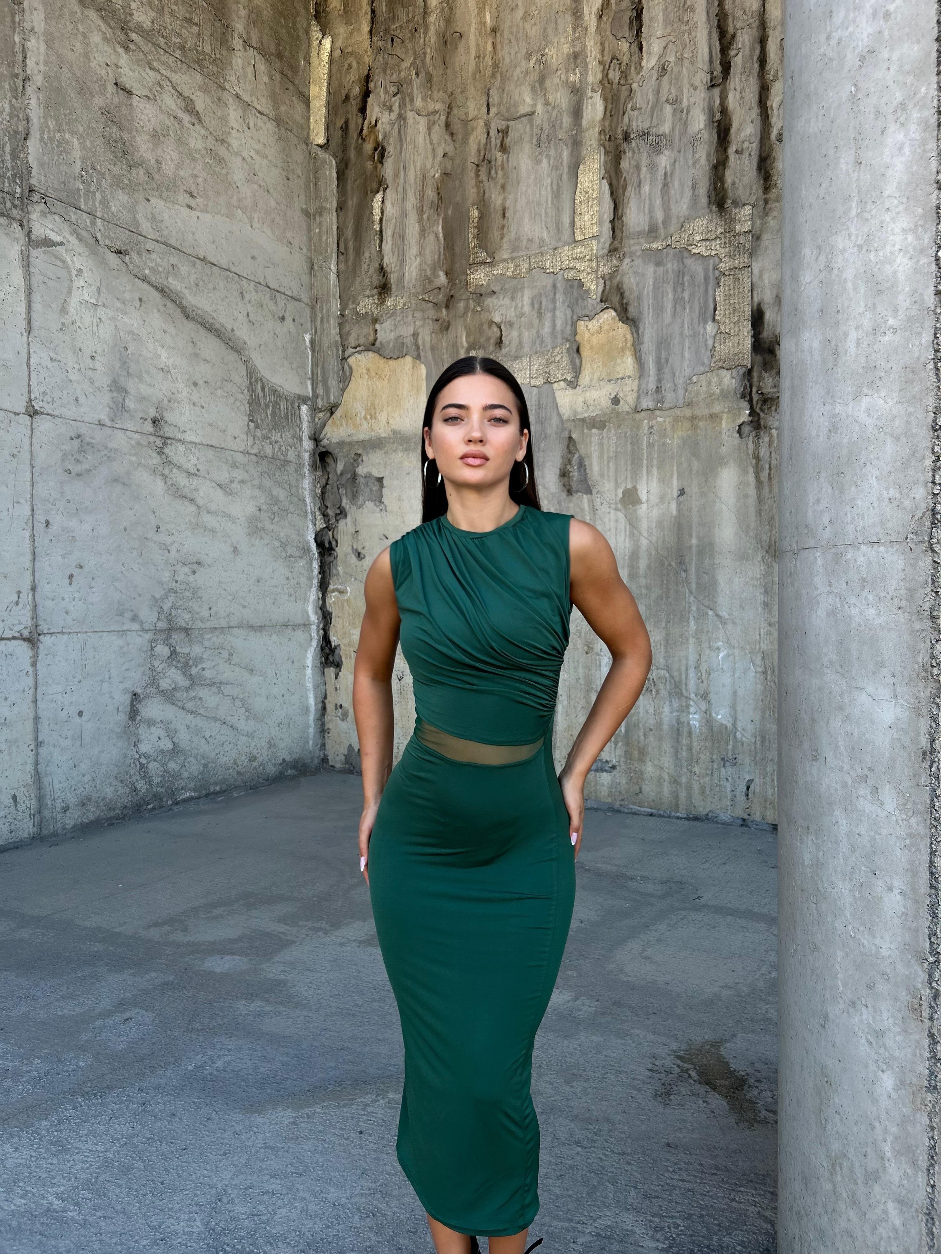 Sıfır Yaka Midi Kalem Elbise Zümrüt 583256