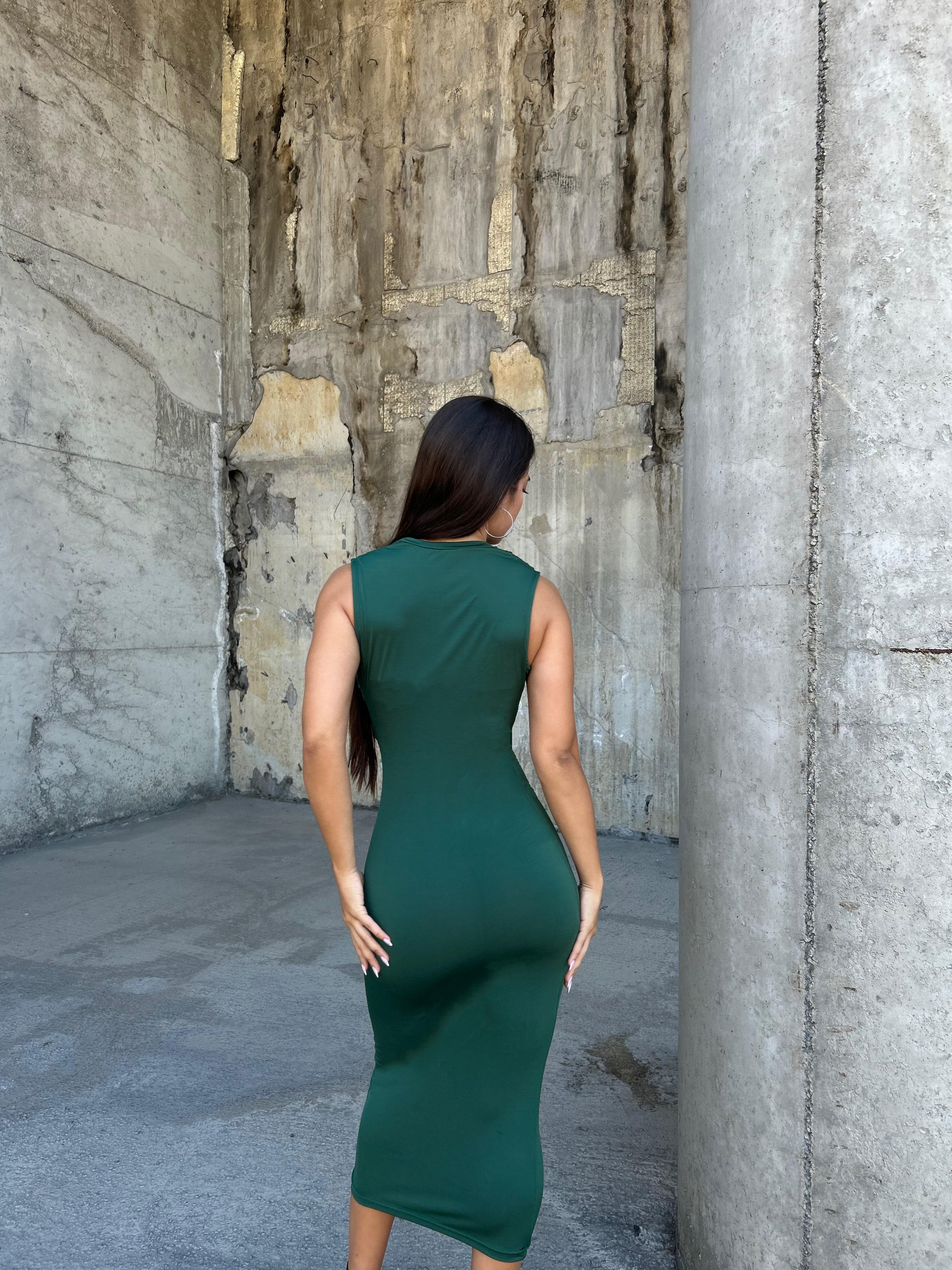 Sıfır Yaka Midi Kalem Elbise Zümrüt 583256